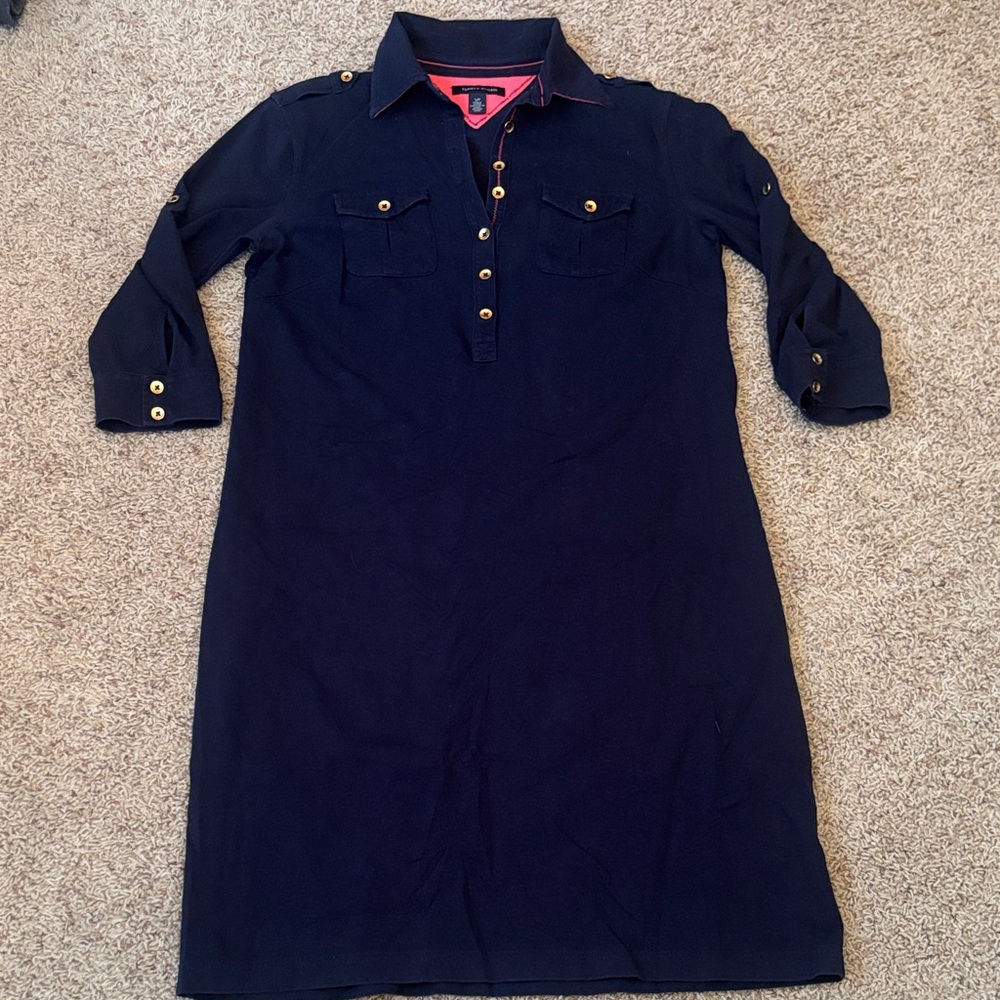 EUC Tommy Hilfiger Navy Blue Shirt Dress with Gold Buttons